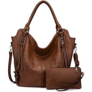 2 Pcs Tote Bag PU Leather Shoulder Bags Fashion Hobo Bags Large Purse Handbags